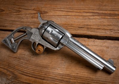 Photo of a Ruger New Vaquero revolver, featuring engraving by Turnbull Restoration of Bloomfield, NY