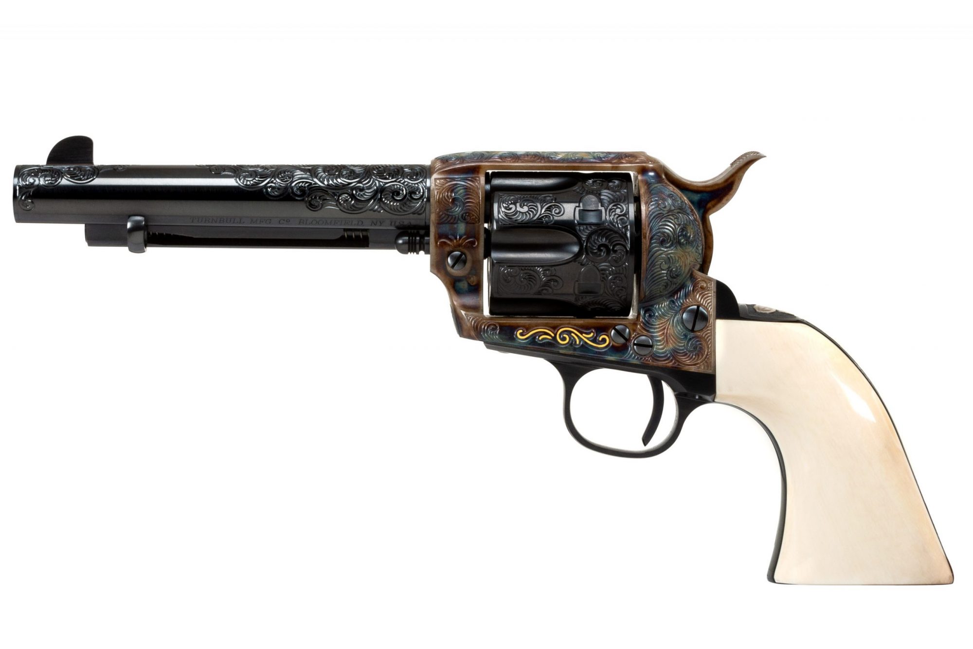 Photo of an engraved Colt SAA reproduction revolver, made by Turnbull Restoration, featuring bone charcoal color case hardening