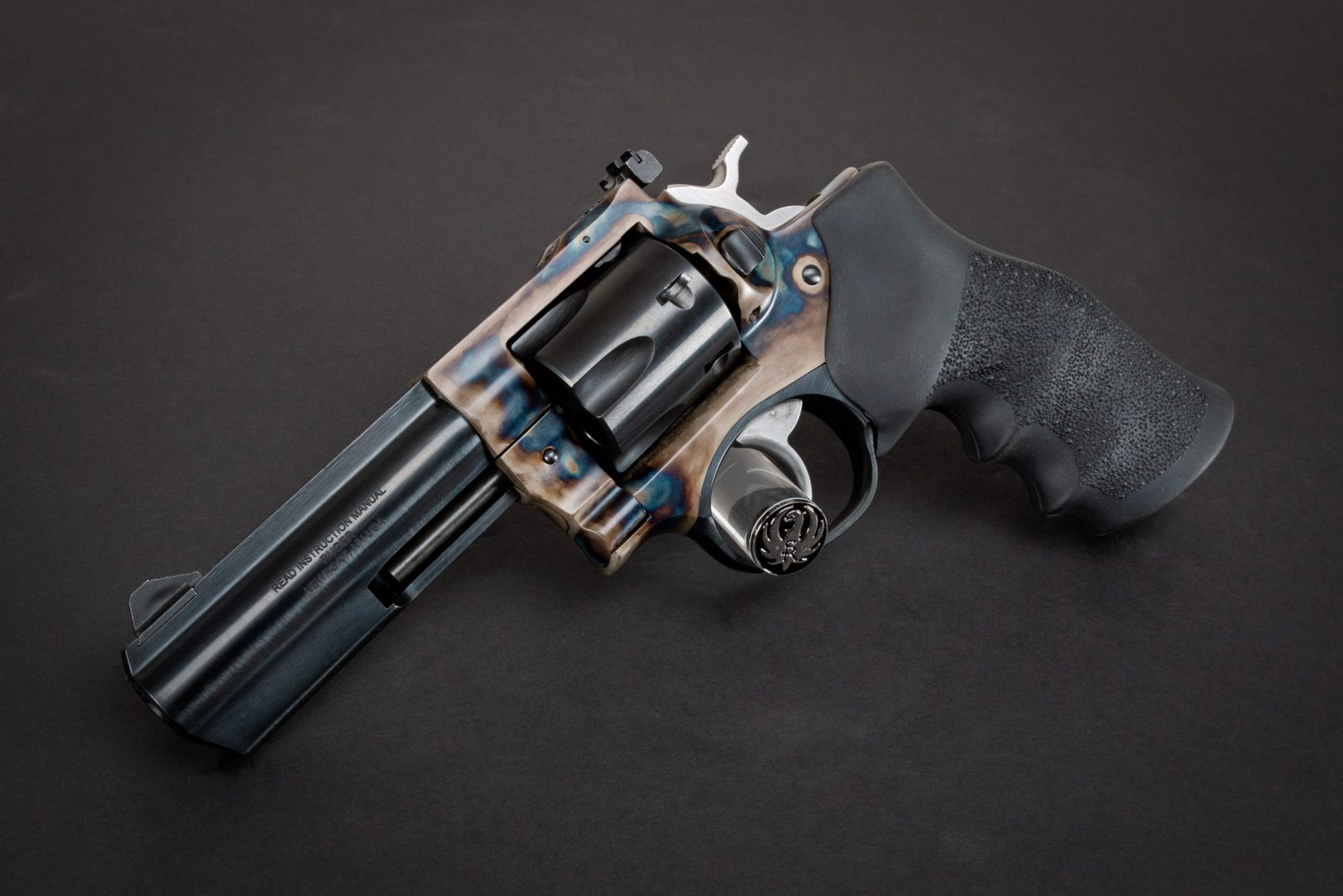 Photo of a Turnbull Finished Ruger GP100 featuring Turnbull color case hardening and Hogue® Monogrip®