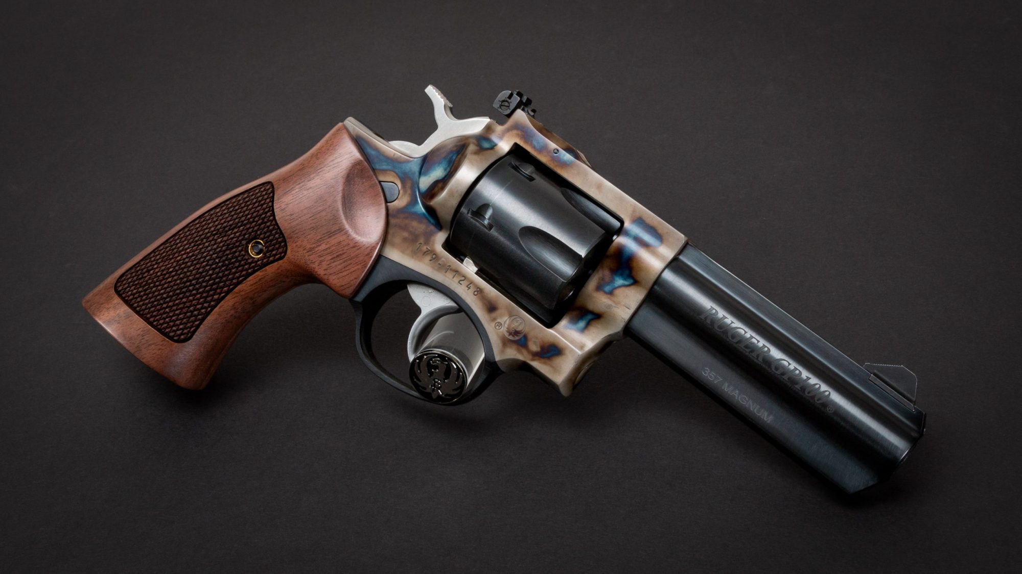 Photo of a Turnbull Finished Ruger GP100 featuring Turnbull color case hardening and Altamont checkered American walnut target grips