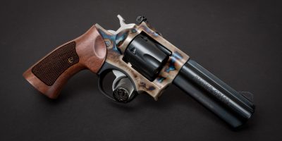 Photo of a Turnbull Finished Ruger GP100 featuring Turnbull color case hardening and Altamont checkered American walnut target grips