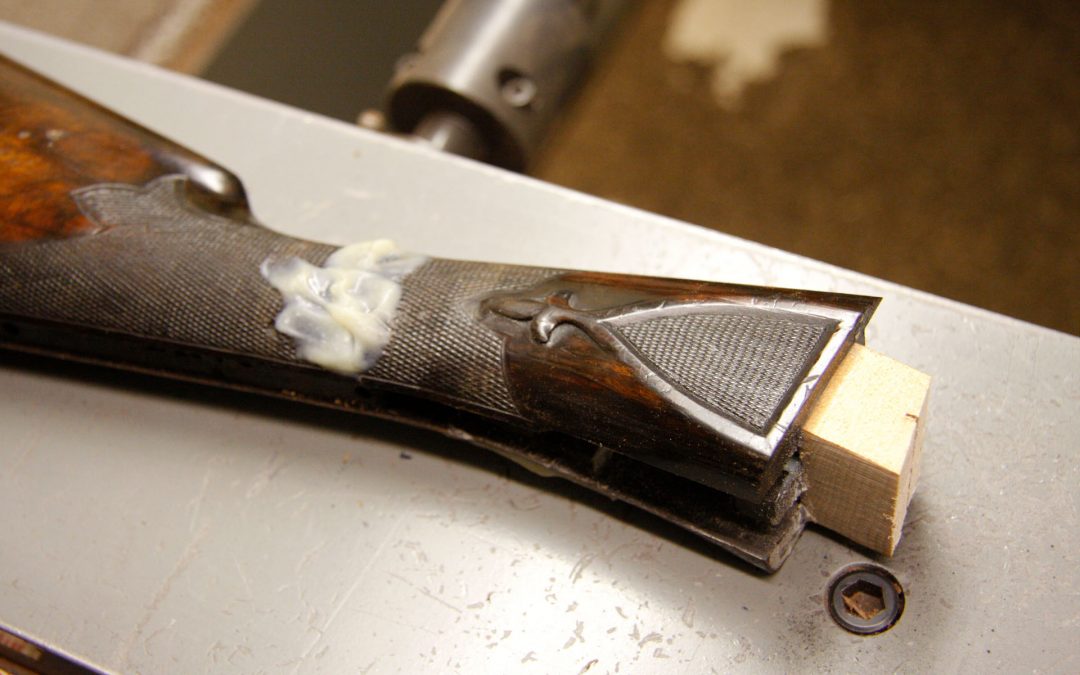 Photo of a Parker BHE 12 gauge shotgun restoration in process at Turnbull Restoration Co.