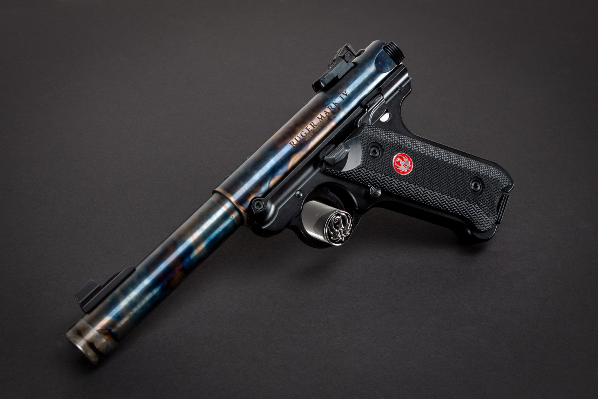 Photo of a Turnbull finished Ruger Mark IV featuring bone charcoal color case hardening
