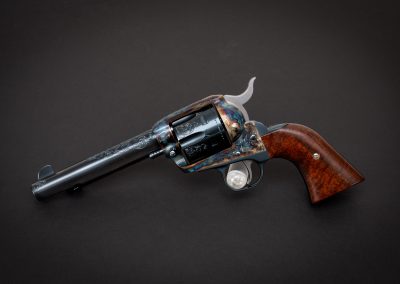 Photo of a Ruger New Vaquero revolver, featuring engraving and restoration grade metal finishes by Turnbull Restoration of Bloomfield, NY