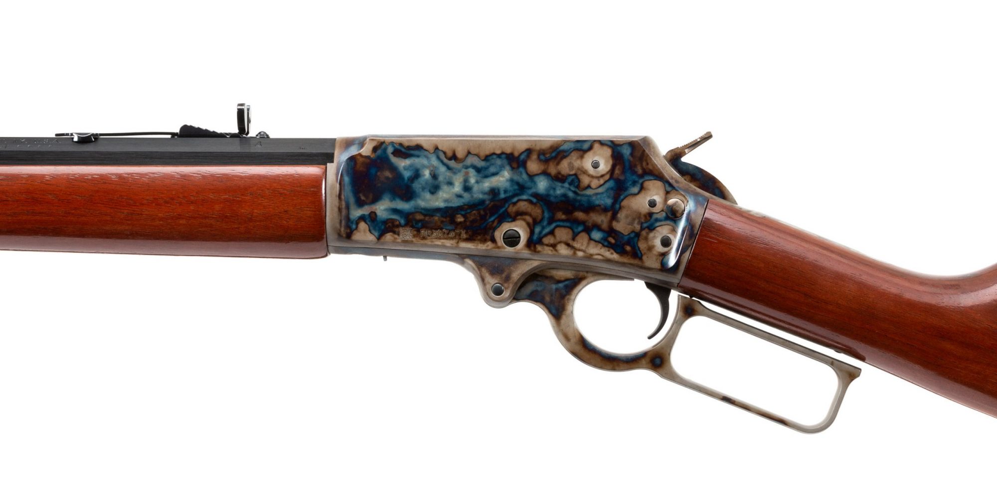 Photo of a Turnbull finished Marlin 1895CB featuring bone charcoal color case hardening