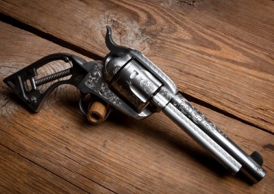 Photo of a Ruger New Vaquero Revolver, featuring engraving before metal finishes by Turnbull Restoration of Bloomfield, NY