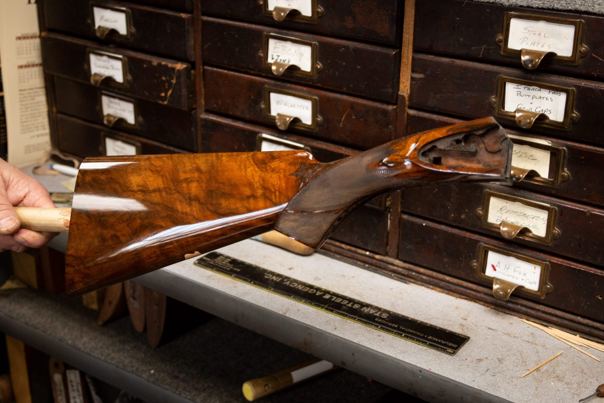 Photo of an L.C. Smith 10 gauge shotgun undergoing restoration, by Turnbull Restoration of Bloomfield, NY