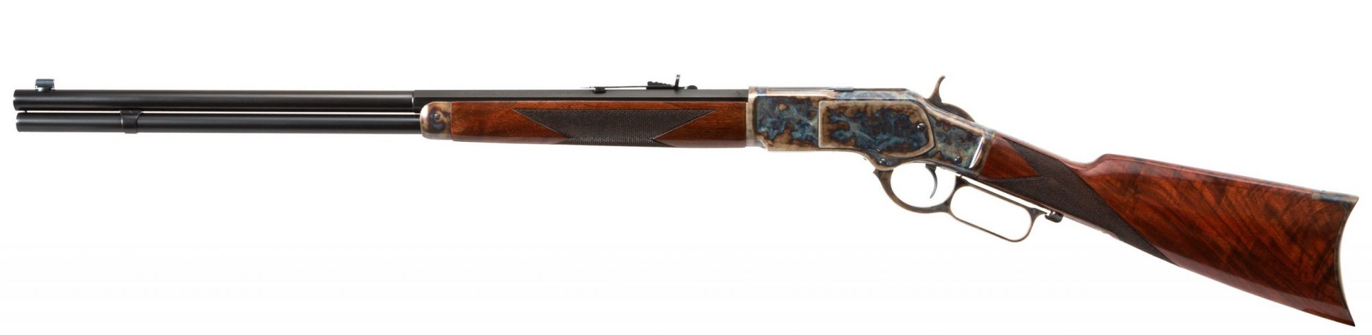 Photo of a Turnbull Finished Winchester 1873 Deluxe Sporter, featuring bone charcoal color case hardening