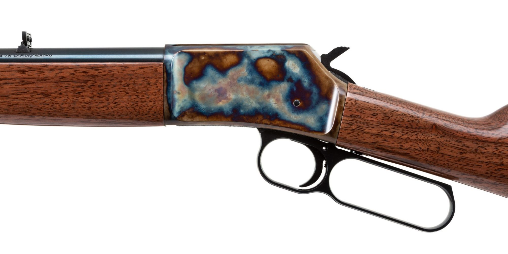 Photo of a Turnbull Finished Browning BL-22, featuring bone charcoal color case hardening by Turnbull Restoration