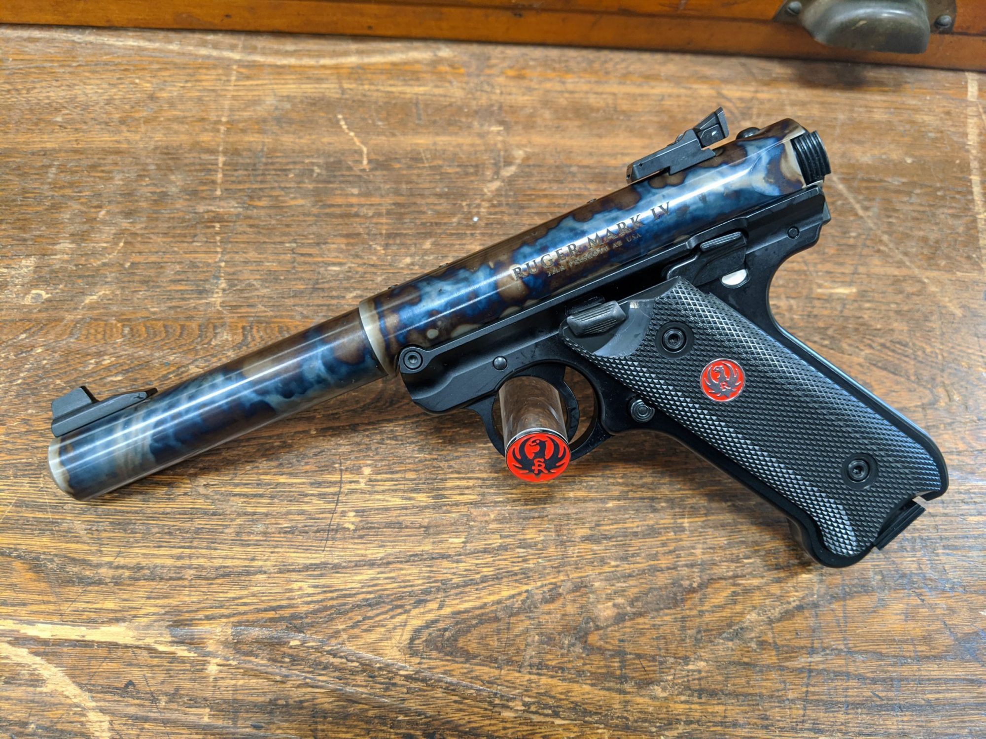 Photo of a Turnbull Finished Ruger Mark IV Target model, featuring traditional bone charcoal color case hardening by Turnbull Restoration of Bloomfield, NY