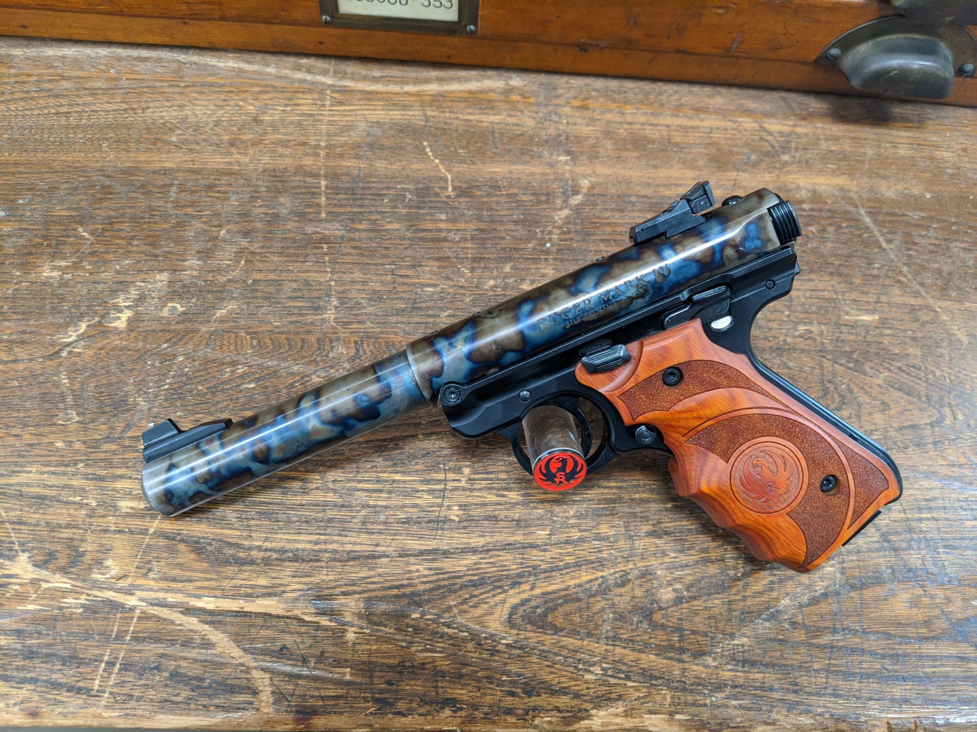 Photo of a Turnbull Finished Ruger Mark IV Target model, featuring traditional bone charcoal color case hardening by Turnbull Restoration of Bloomfield, NY
