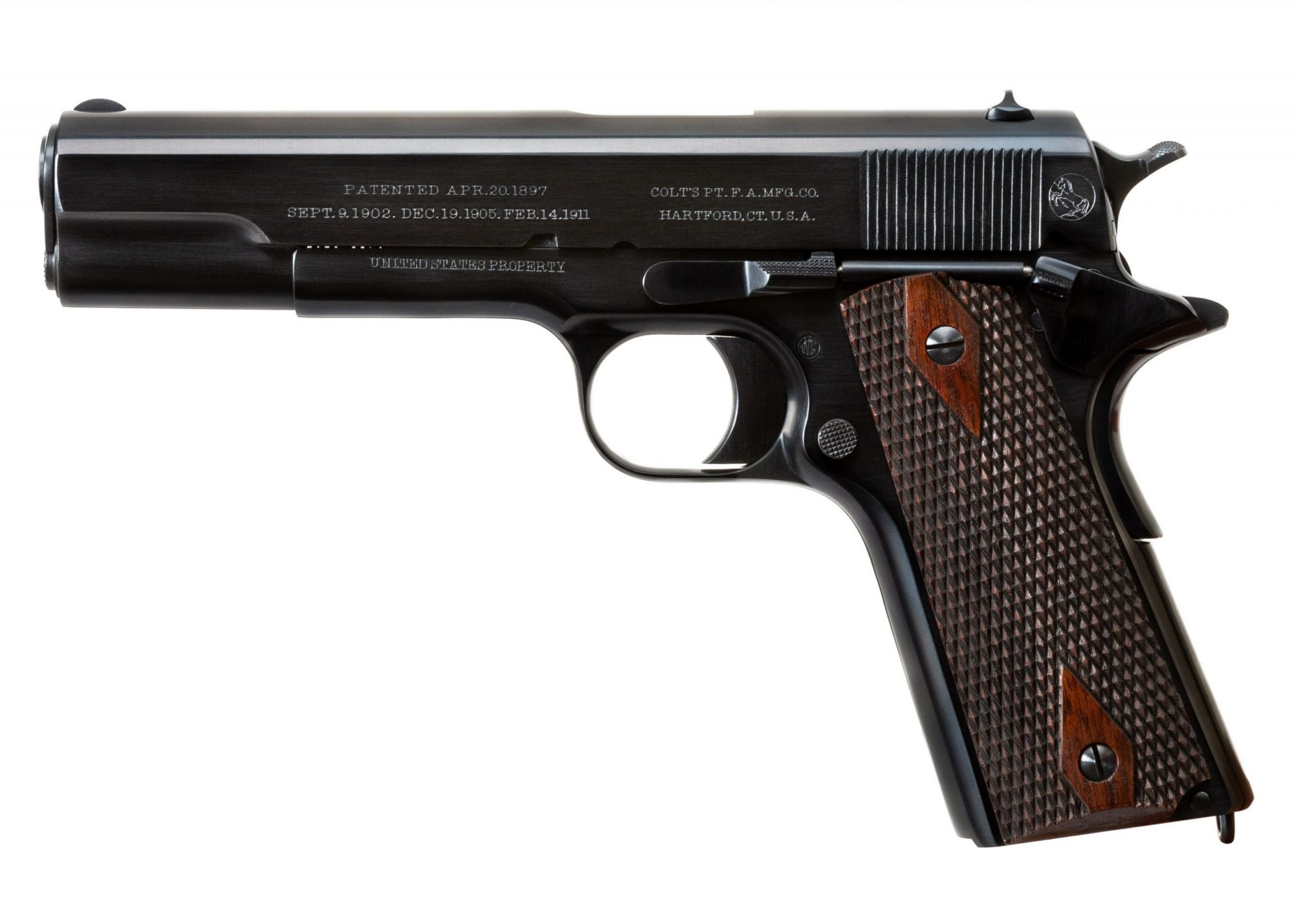 Photo of a restored Colt Model 1911 from 1912, restored by Turnbull Restoration of Bloomfield, NY
