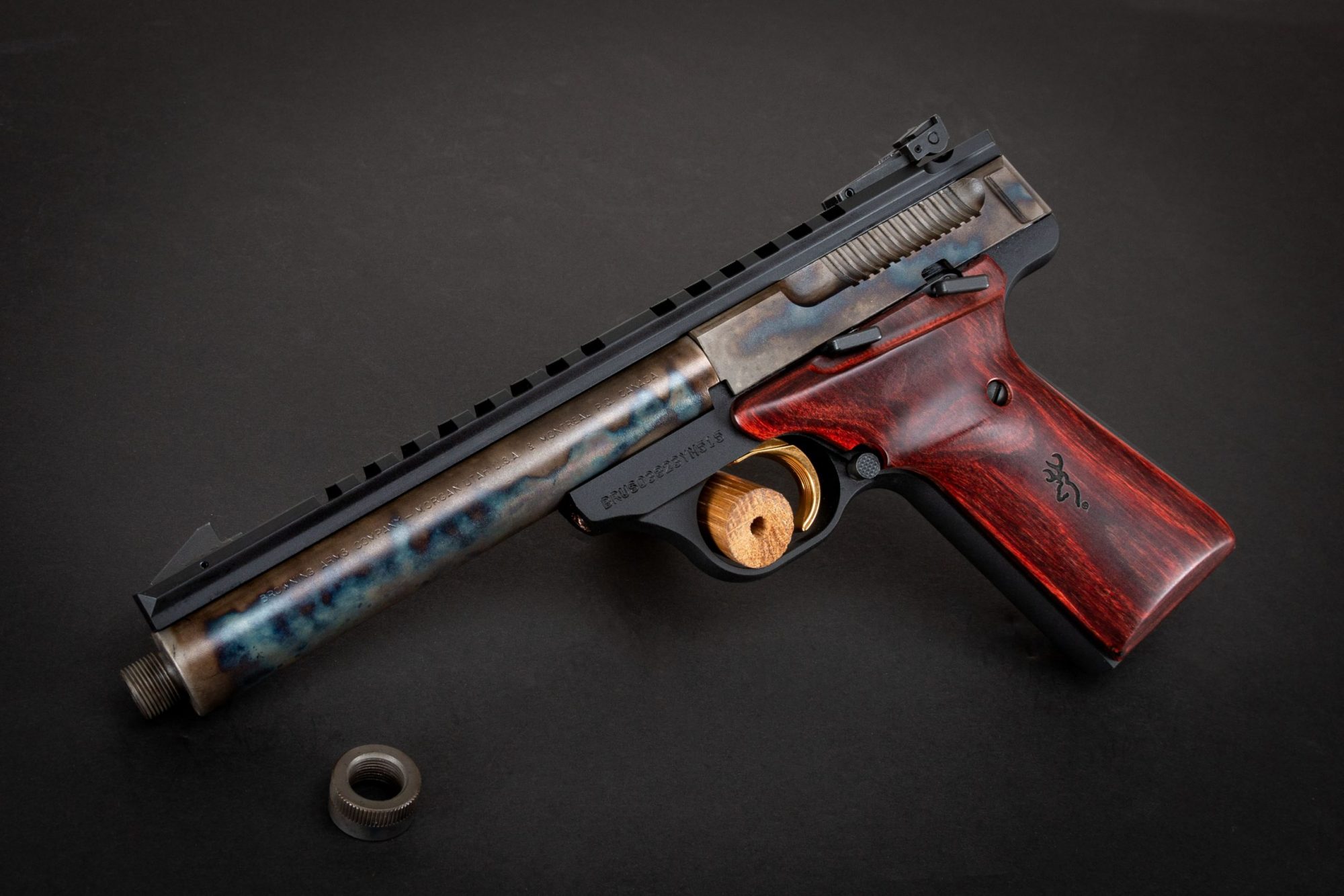 Photo of a Turnbull Finished Browning Buck Mark Field Target Suppressor Ready pistol in .22LR, featuring bone charcoal color case hardening by Turnbull Restoration of Bloomfield, NY