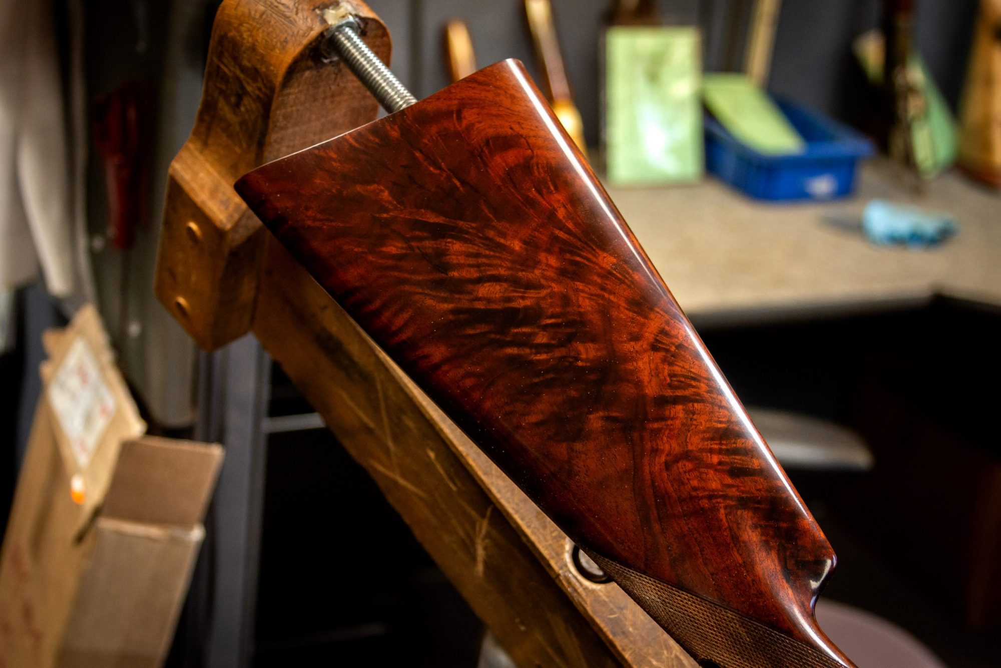 Photo of a restored Winchester Model 1897 shotgun, during restoration work by Turnbull Restoration of Bloomfield NY