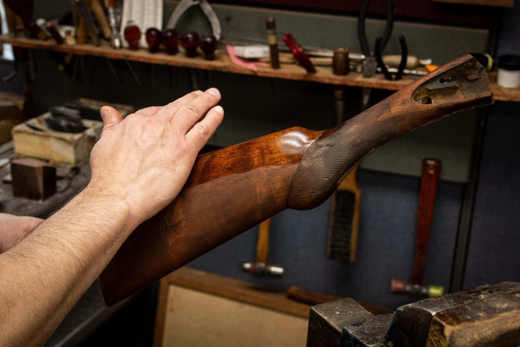 Photo of a restored L.C. Smith 12 gauge shotgun, during restoration work by Turnbull Restoration of Bloomfield NY