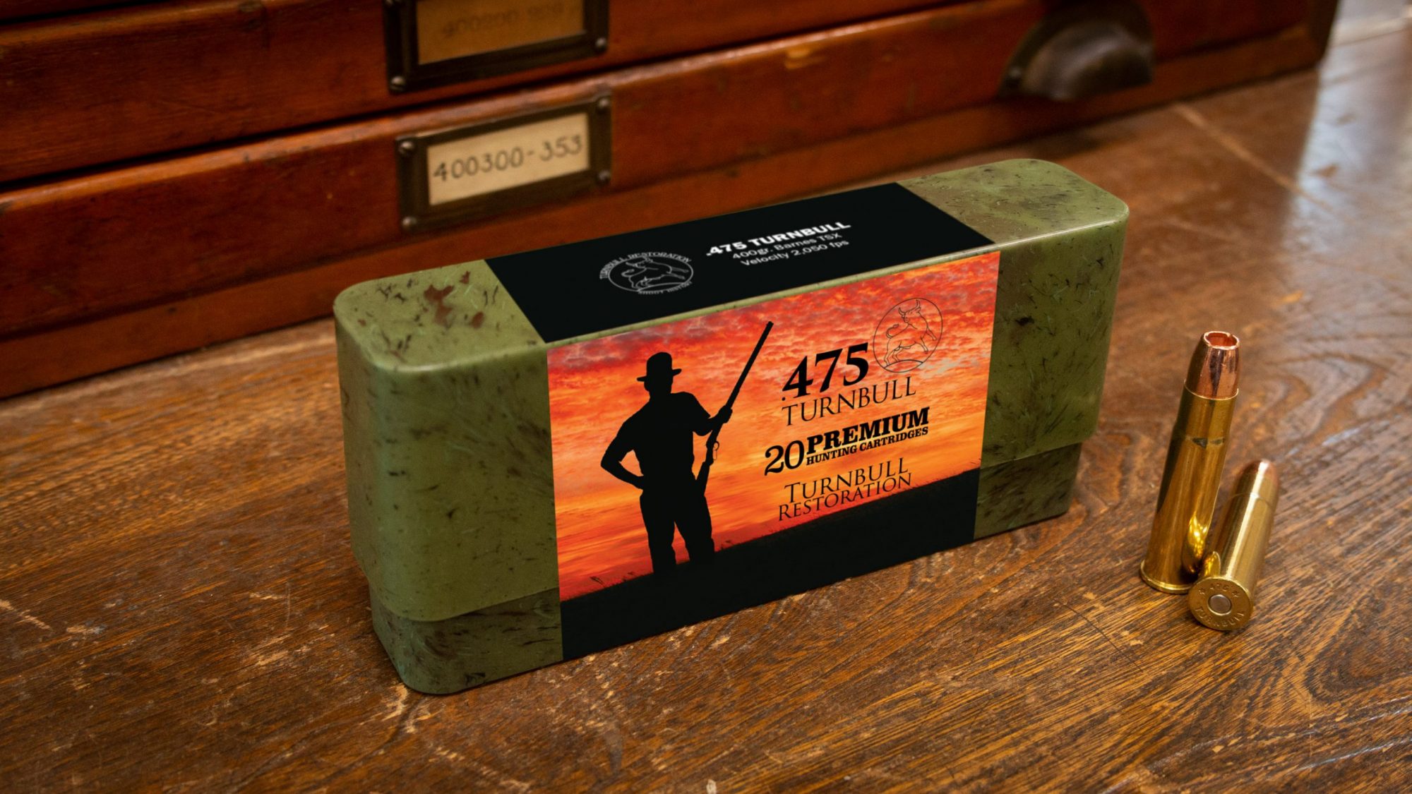 Photo of a box of .475 Turnbull big bore hunting cartridges in 400 grain Barnes TSX