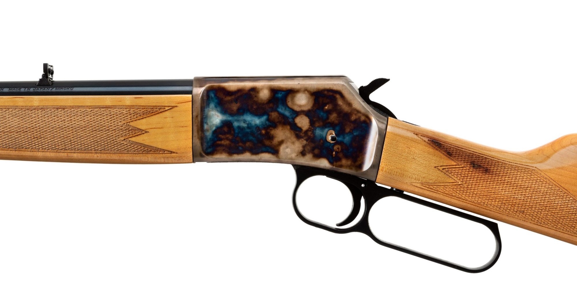 Photo of a Turnbull finished Browning BL-22 with upgraded maple stocks, featuring bone charcoal color case hardening by Turnbull Restoration of Bloomfield, NY