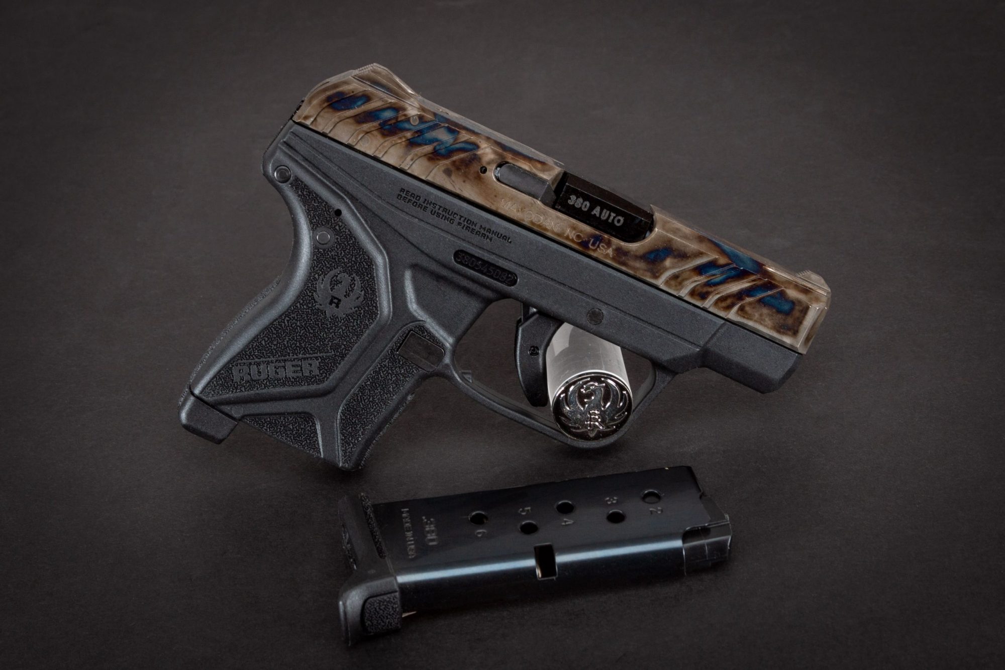 Photo of a Turnbull finished Ruger LCP II, featuring bone charcoal color case hardening by Turnbull Restoration of Bloomfield, NY