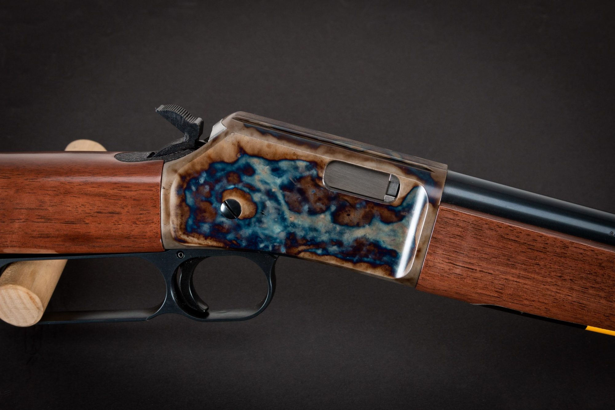Photo of a Turnbull finished Browning BL-22, featuring bone charcoal color case hardening by Turnbull Restoration of Bloomfield, NY