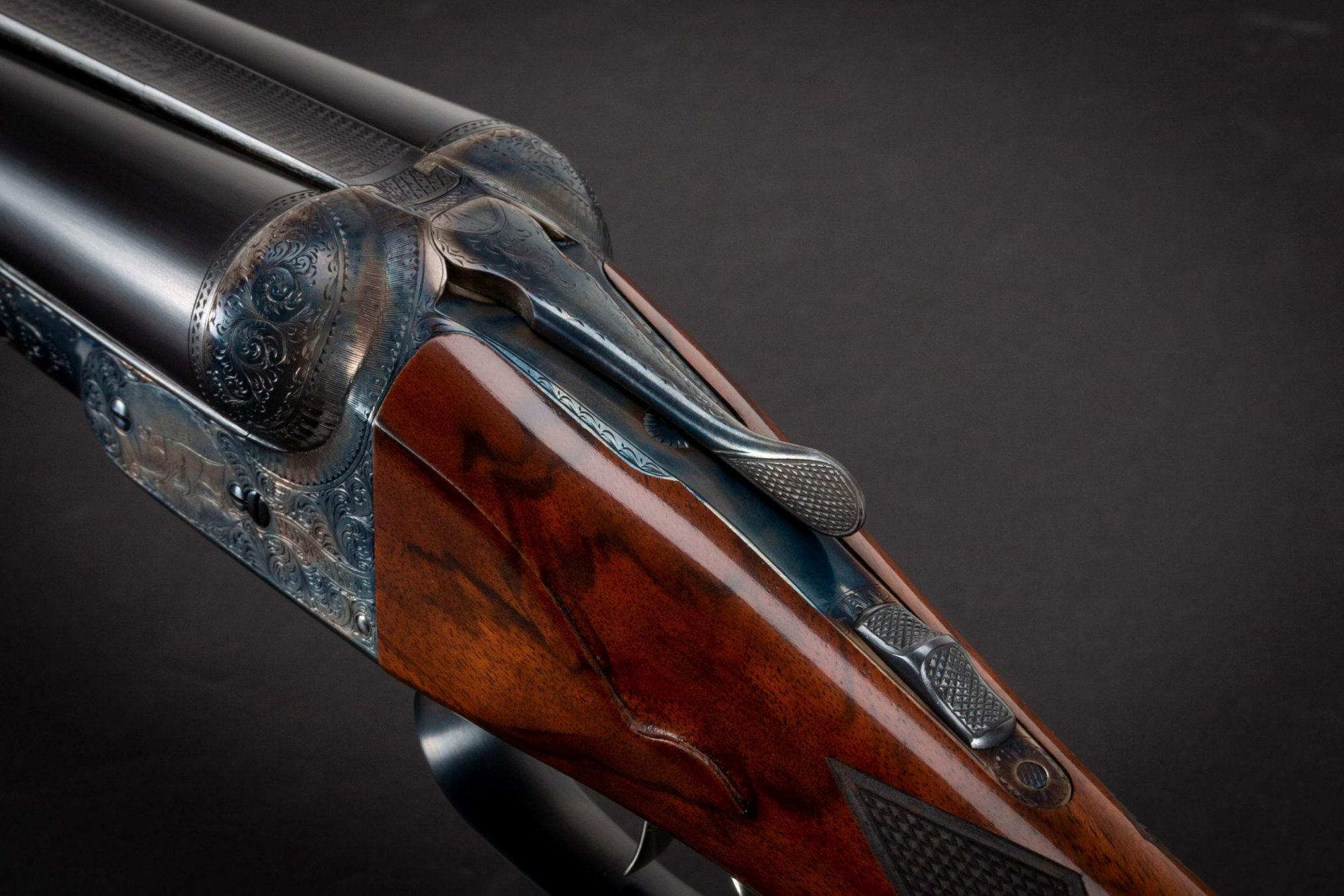 Photo of a Parker DHE side by side shotgun, after restoration by Turnbull Restoration Co. of Bloomfield, NY