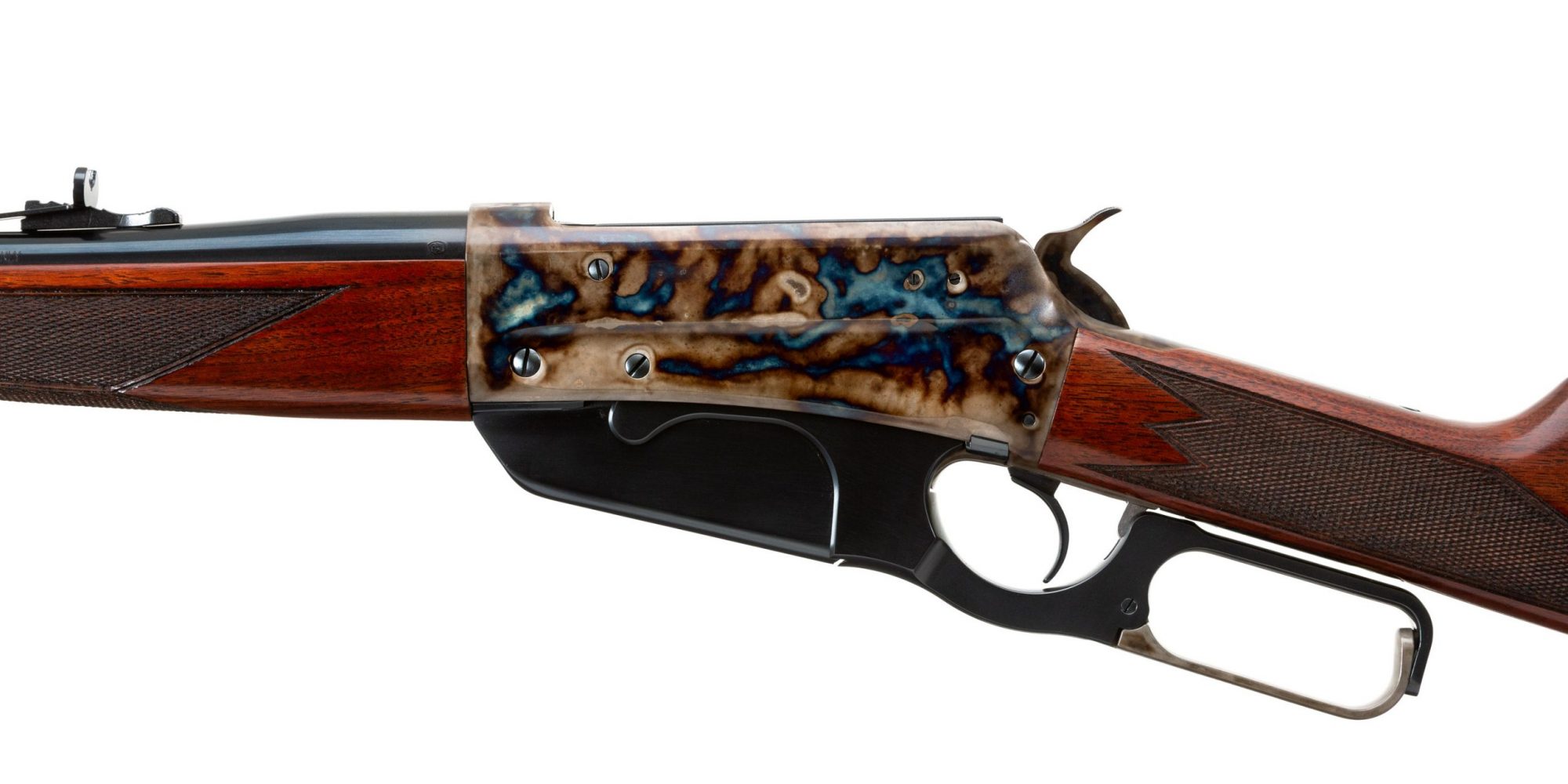 Photo of a color case hardened Winchester 1895, featuring bone charcoal color case hardening by Turnbull Restoration of Bloomfield, NY