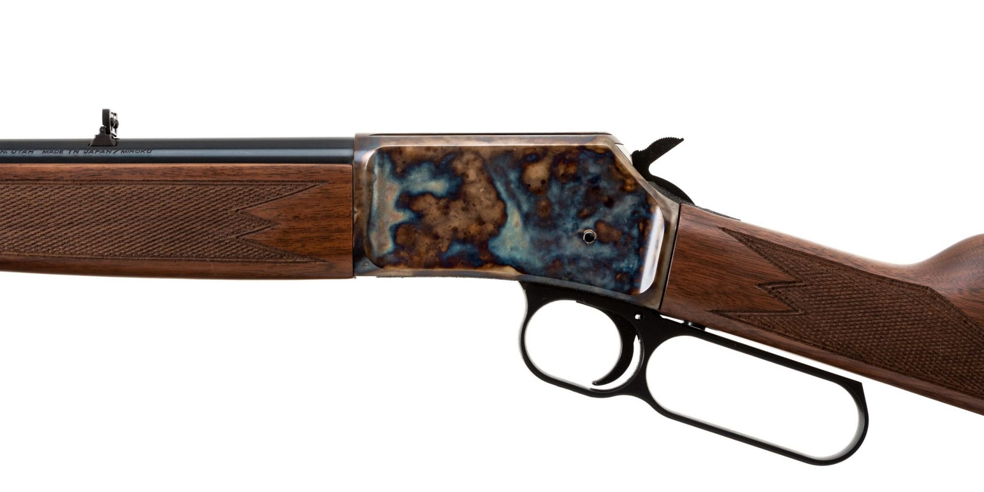 Photo of a Turnbull finished Browning BL-22 with upgraded walnut stocks, featuring bone charcoal color case hardening by Turnbull Restoration of Bloomfield, NY