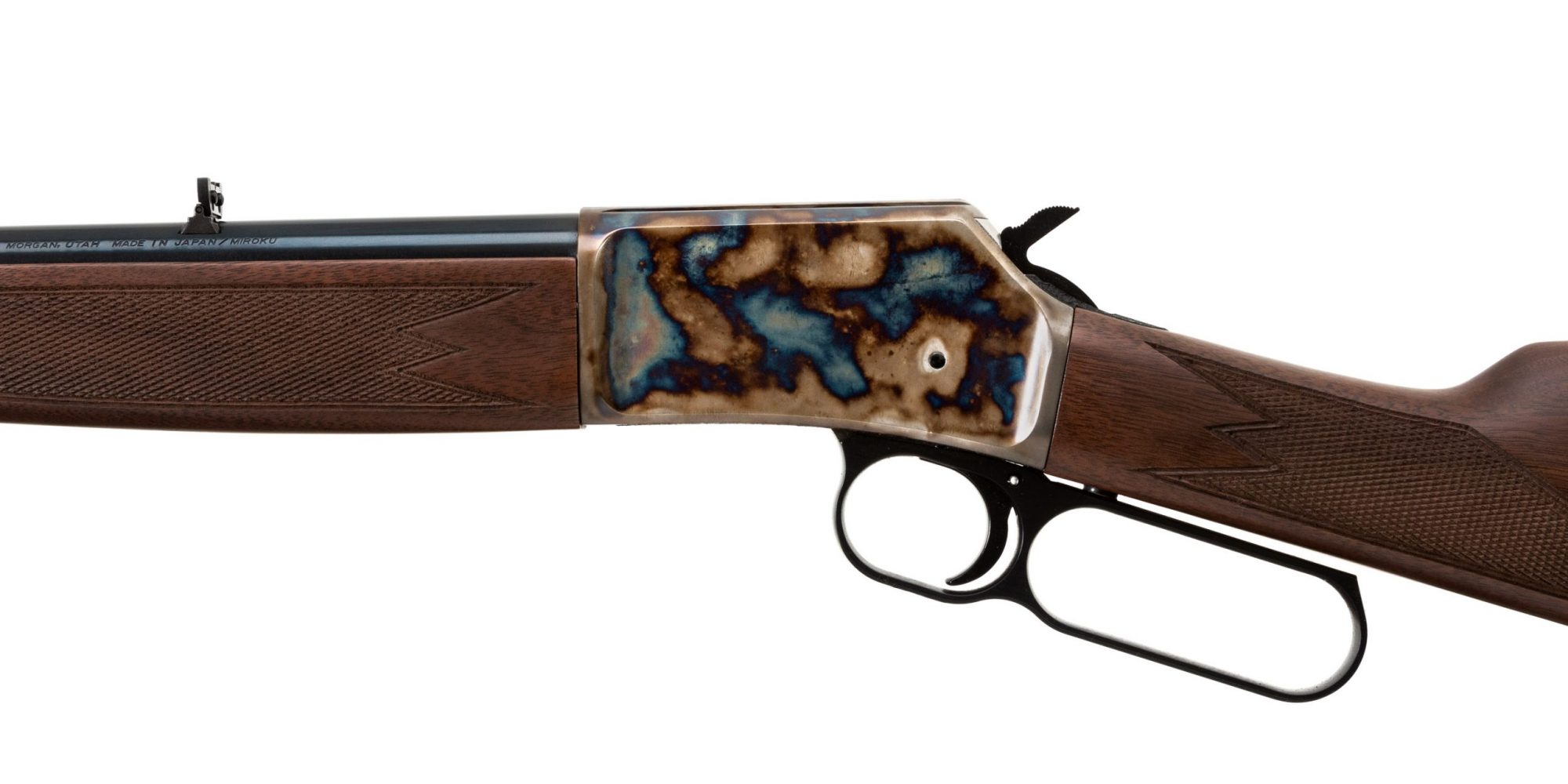 Photo of a Turnbull finished Browning BL-22 with upgraded walnut stocks, featuring bone charcoal color case hardening by Turnbull Restoration of Bloomfield, NY