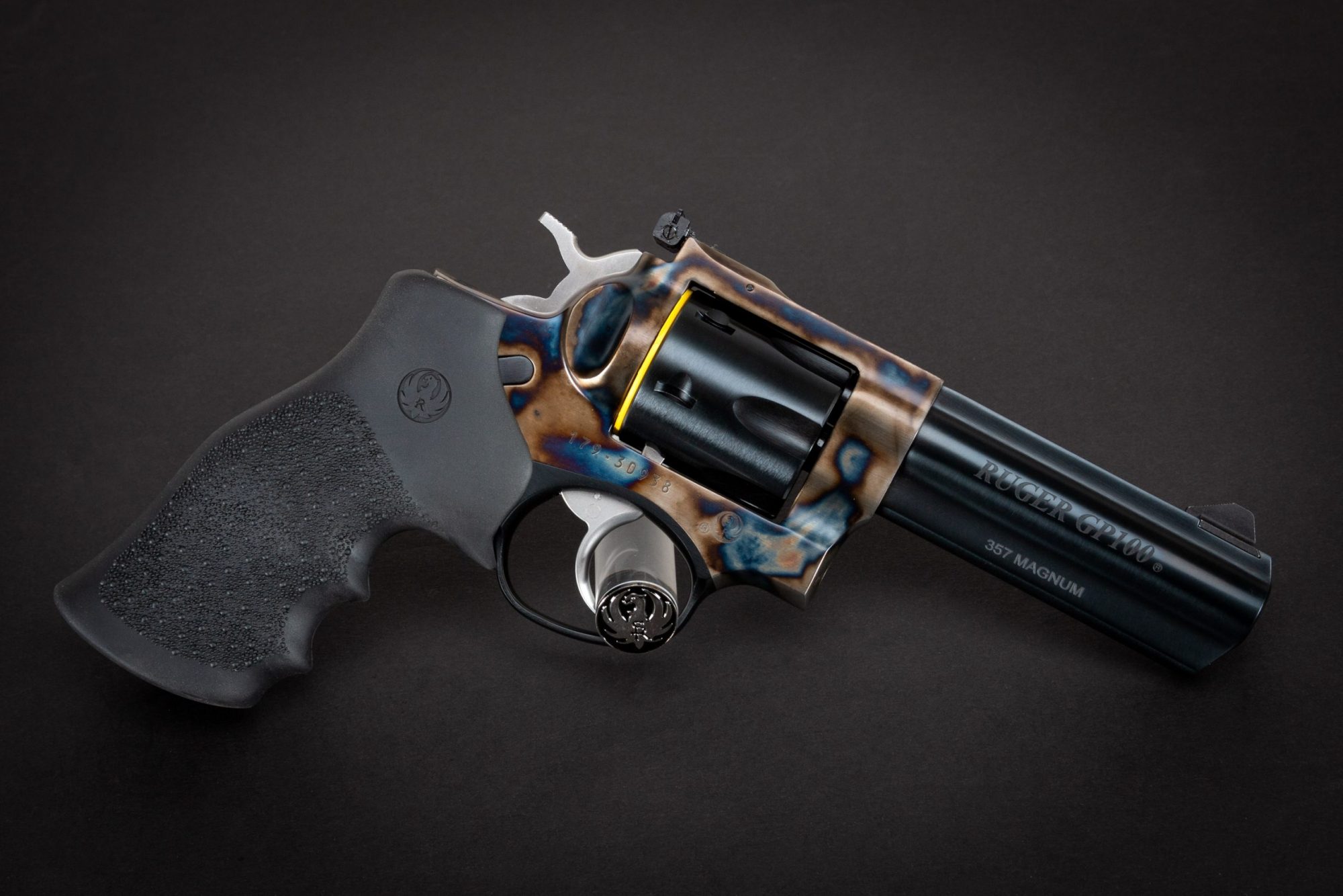 Photo of a color case hardened Ruger GP100, featuring bone charcoal color case hardening by Turnbull Restoration of Bloomfield, NY