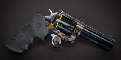 Photo of a color case hardened Ruger GP100, featuring bone charcoal color case hardening by Turnbull Restoration of Bloomfield, NY