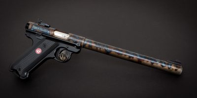 Photo of a color case hardened Ruger Mark IV Target 10 Inch Barrel, featuring bone charcoal color case hardening by Turnbull Restoration of Bloomfield, NY