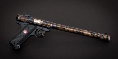 Photo of a color case hardened Ruger Mark IV Target 10 Inch Barrel, featuring bone charcoal color case hardening by Turnbull Restoration of Bloomfield, NY