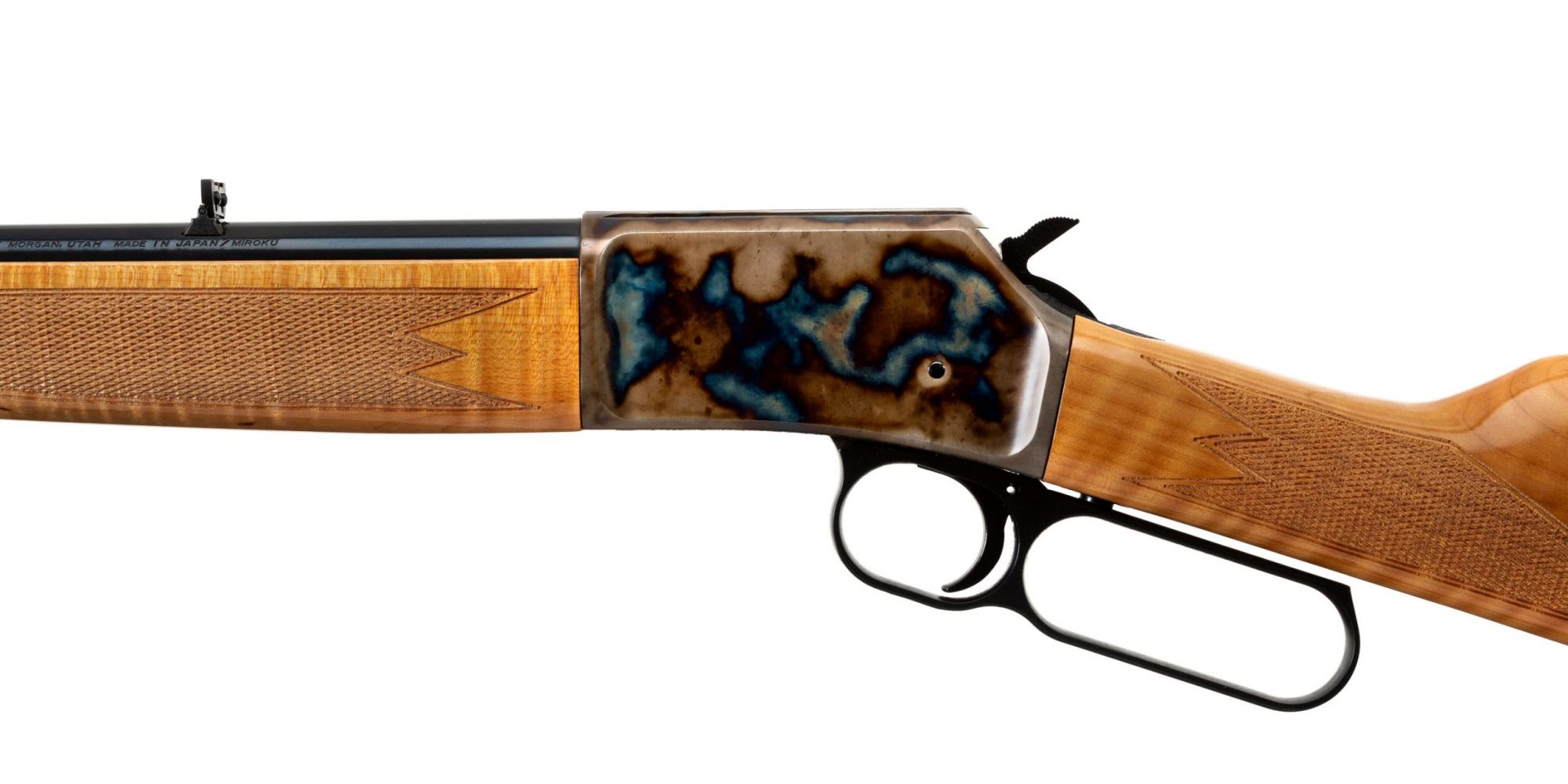 Photo of a Turnbull finished Browning BL-22 with upgraded maple stocks, featuring bone charcoal color case hardening by Turnbull Restoration of Bloomfield, NY