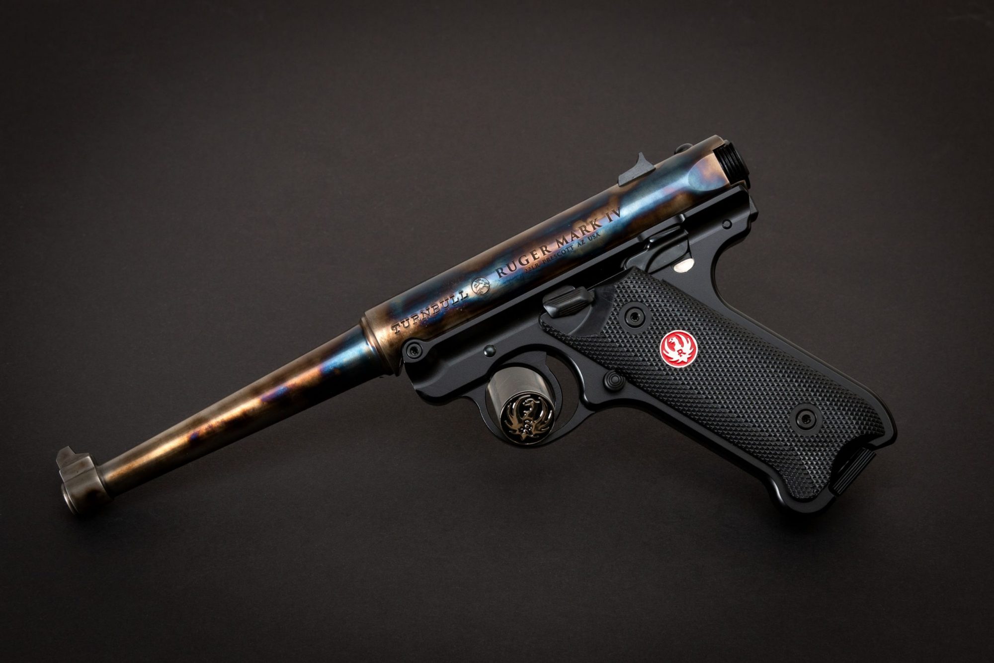 Photo of a color case hardened Ruger Mark IV Standard, featuring bone charcoal color case hardening by Turnbull Restoration of Bloomfield, NY