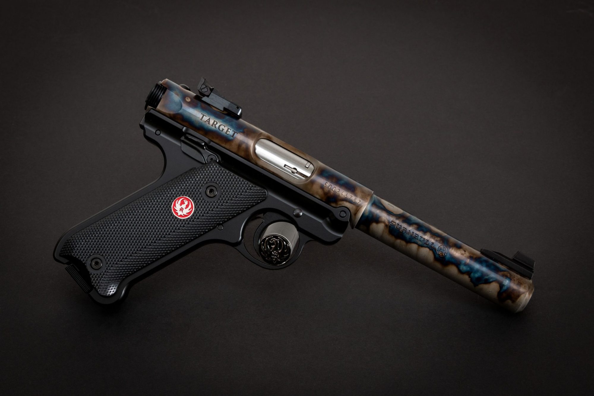 Photo of a color case hardened Ruger Mark IV Target, featuring bone charcoal color case hardening by Turnbull Restoration of Bloomfield, NY