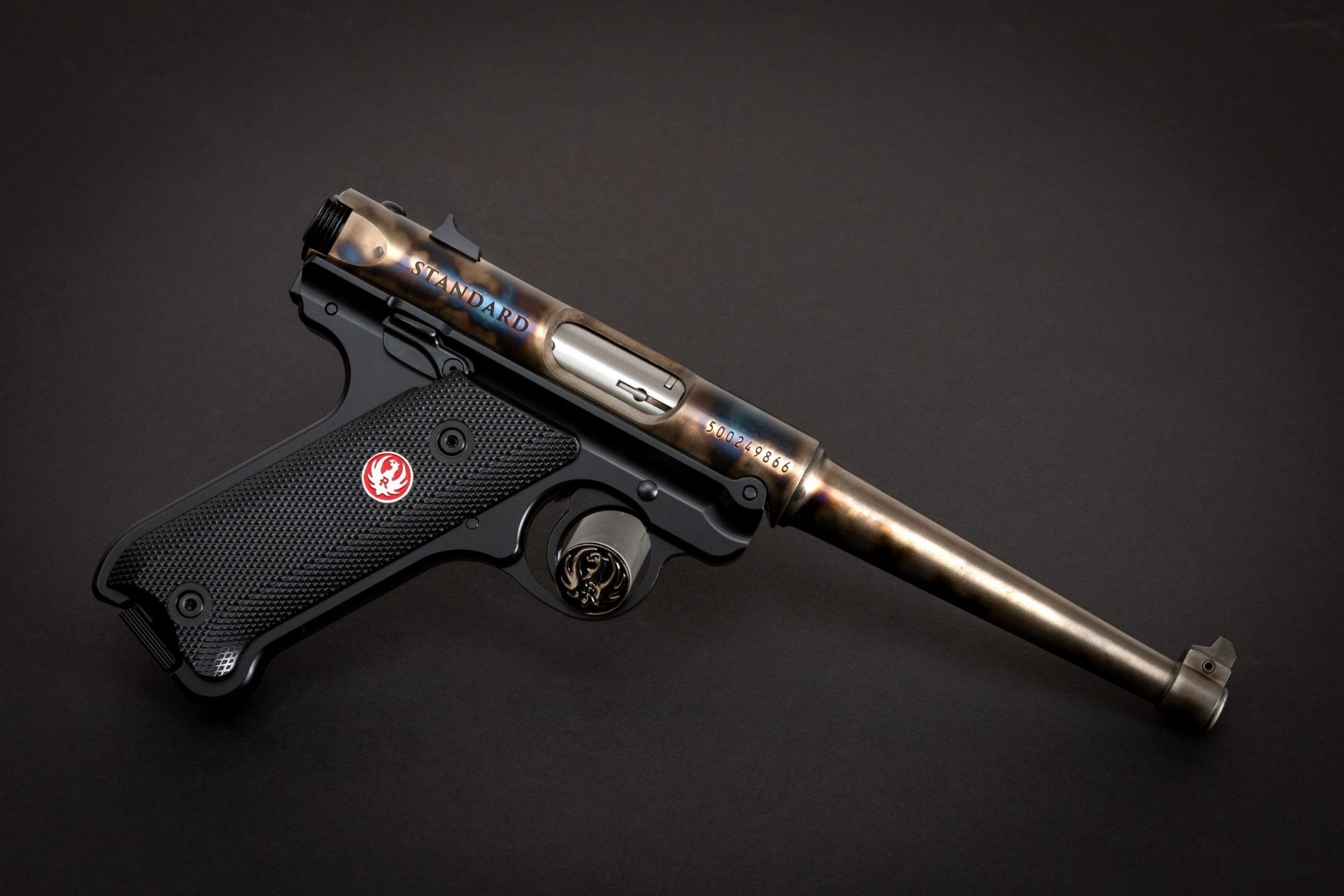 Photo of a color case hardened Ruger Mark IV Standard, featuring bone charcoal color case hardening by Turnbull Restoration of Bloomfield, NY