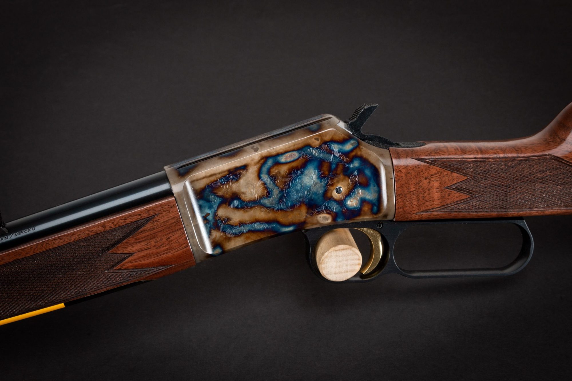 Photo of a color case hardened Browning BL-22 Field II rifle, featuring bone charcoal color case hardening by Turnbull Restoration of Bloomfield, NY