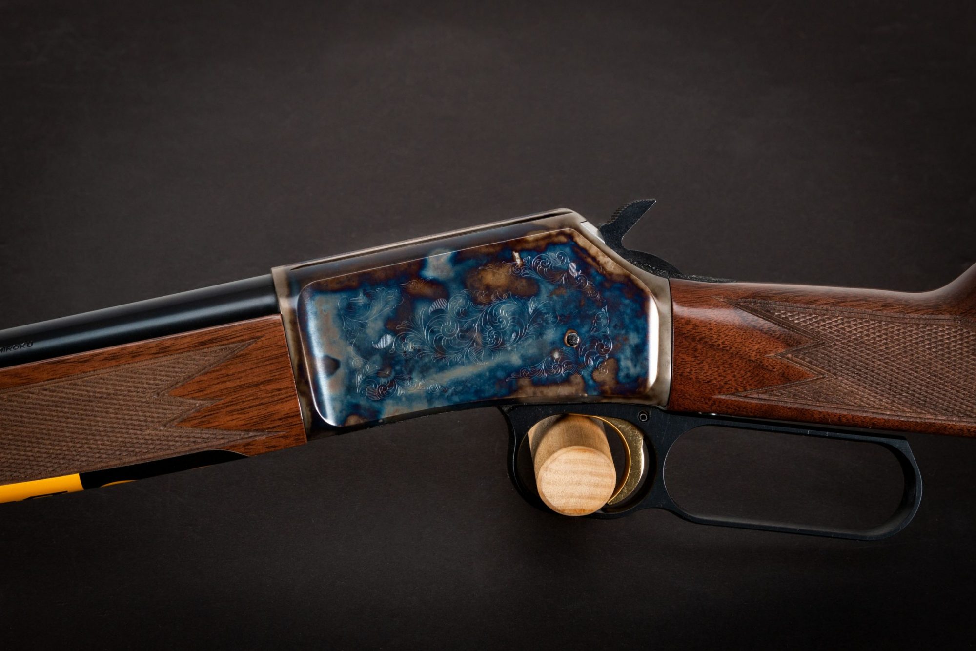 Photo of a color case hardened Browning BL-22 Grade II rifle, featuring bone charcoal color case hardening by Turnbull Restoration of Bloomfield, NY
