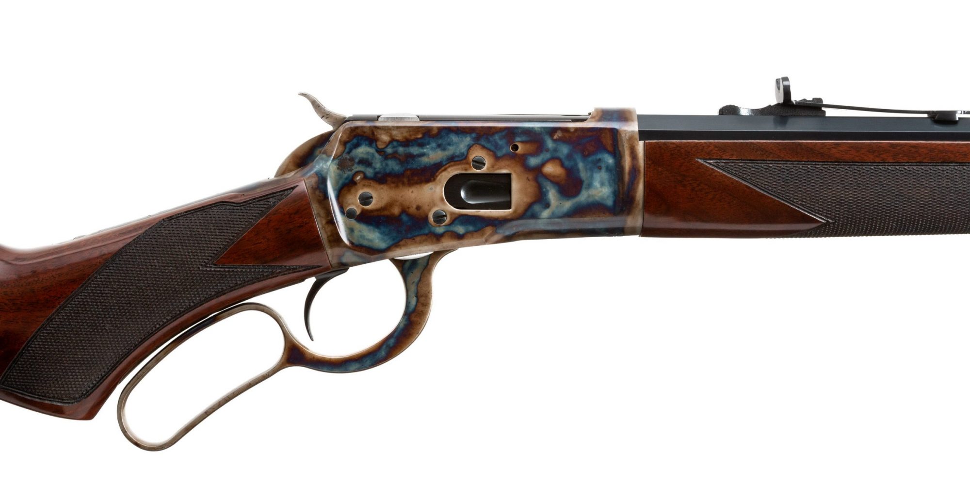 Photo of a color case hardened Winchester 1892 rifle, featuring bone charcoal color case hardening by Turnbull Restoration of Bloomfield, NY