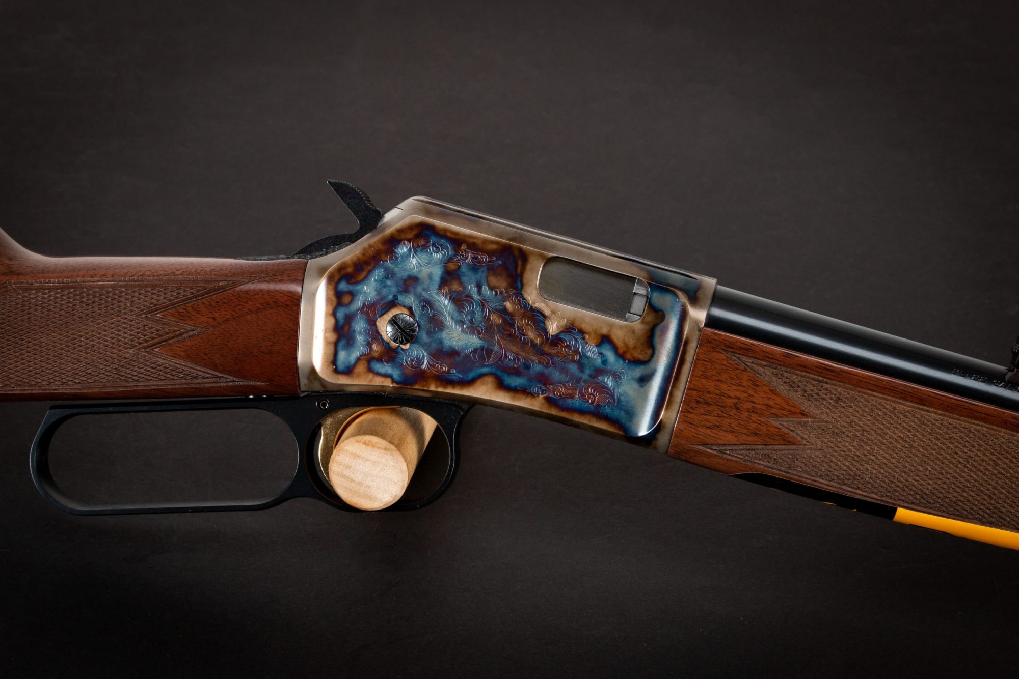 Photo of a color case hardened Browning BL-22 Grade II rifle, featuring bone charcoal color case hardening by Turnbull Restoration of Bloomfield, NY