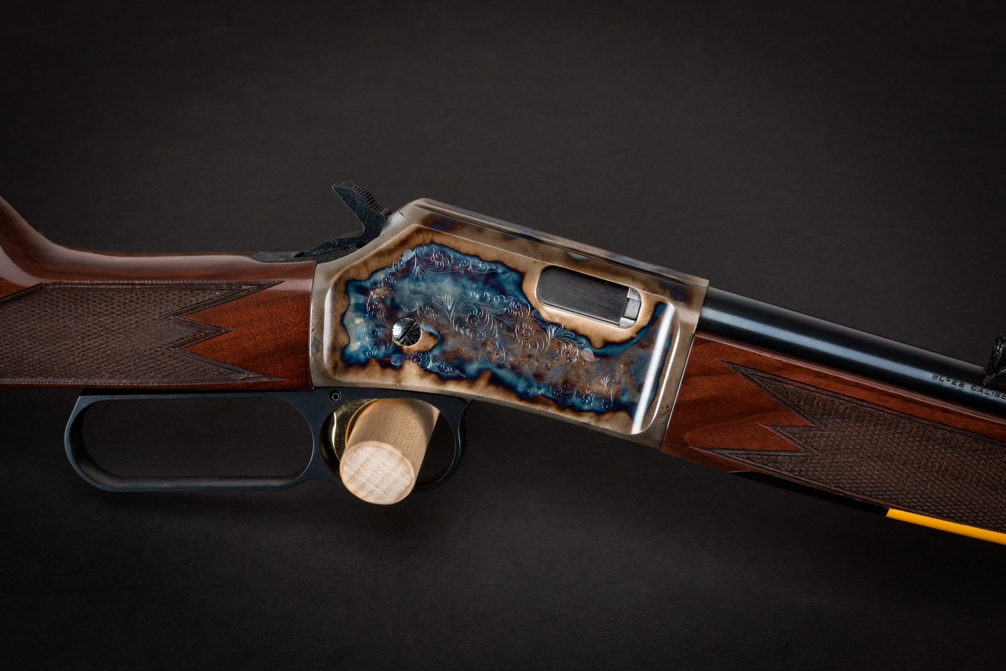 Photo of a color case hardened Browning BL-22 Field II rifle, featuring bone charcoal color case hardening by Turnbull Restoration of Bloomfield, NY