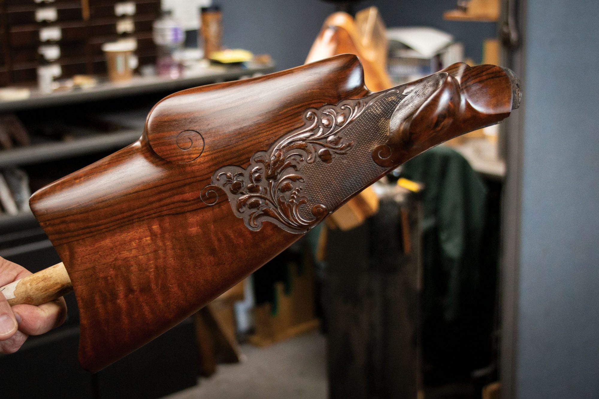 Photo of an engraved Martini style German Schuetzen rifle during restoration by Turnbull Restoration Co. of Bloomfield, NY