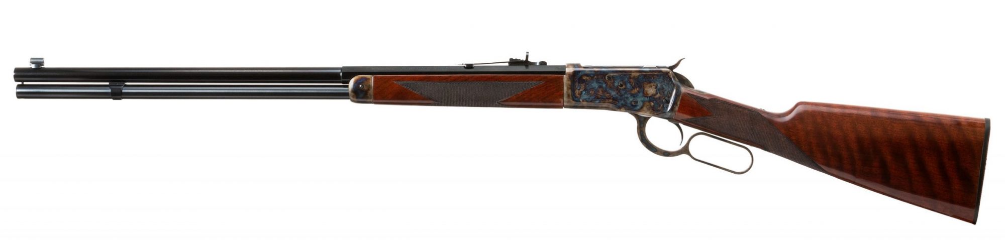 Photo of a new, color case hardened Winchester 1892 125th Anniversary rifle, featuring bone charcoal color case hardening by Turnbull Restoration of Bloomfield, NY