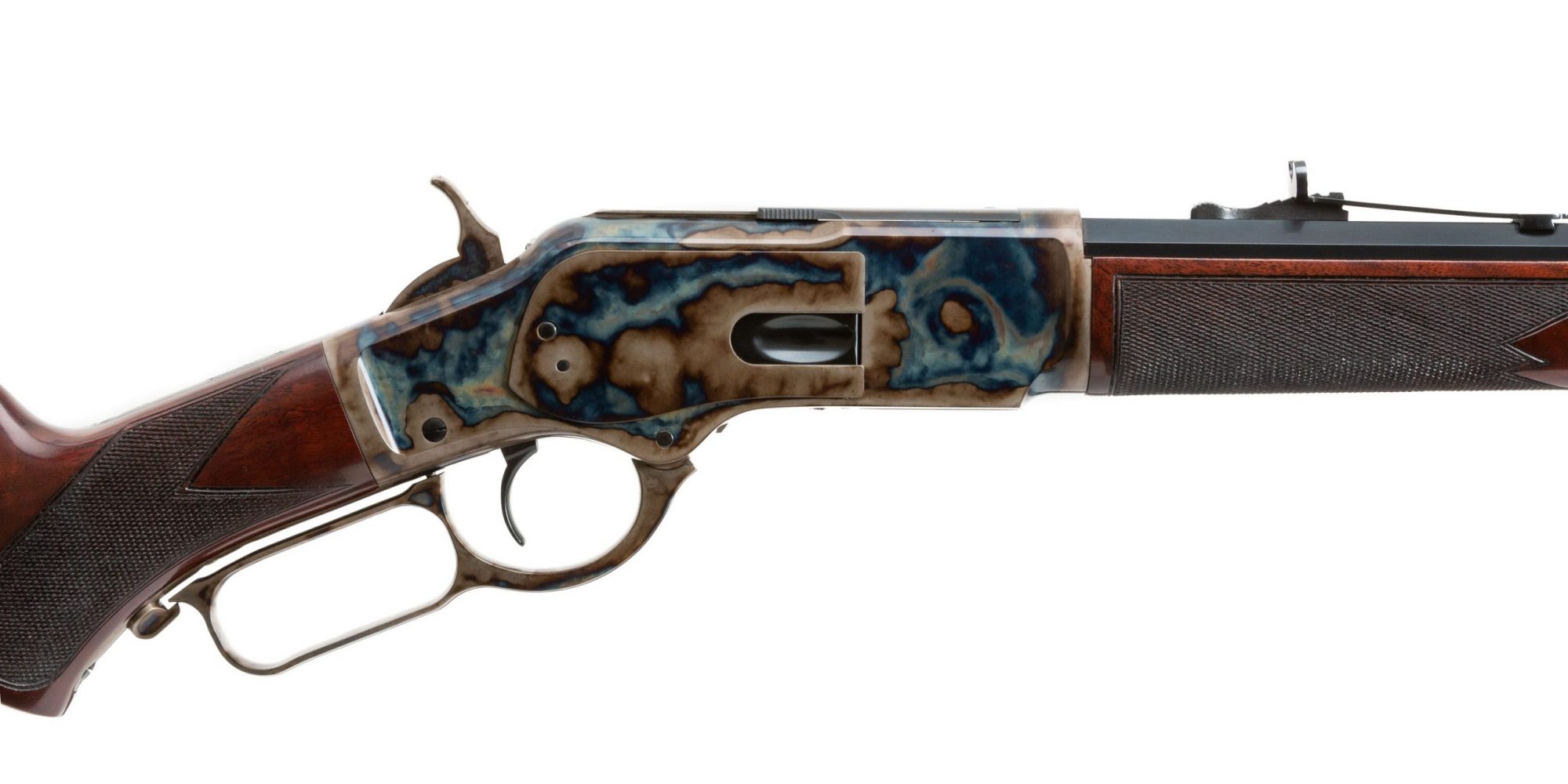 Photo of a new, color case hardened Winchester 1873 rifle, featuring bone charcoal color case hardening by Turnbull Restoration of Bloomfield, NY