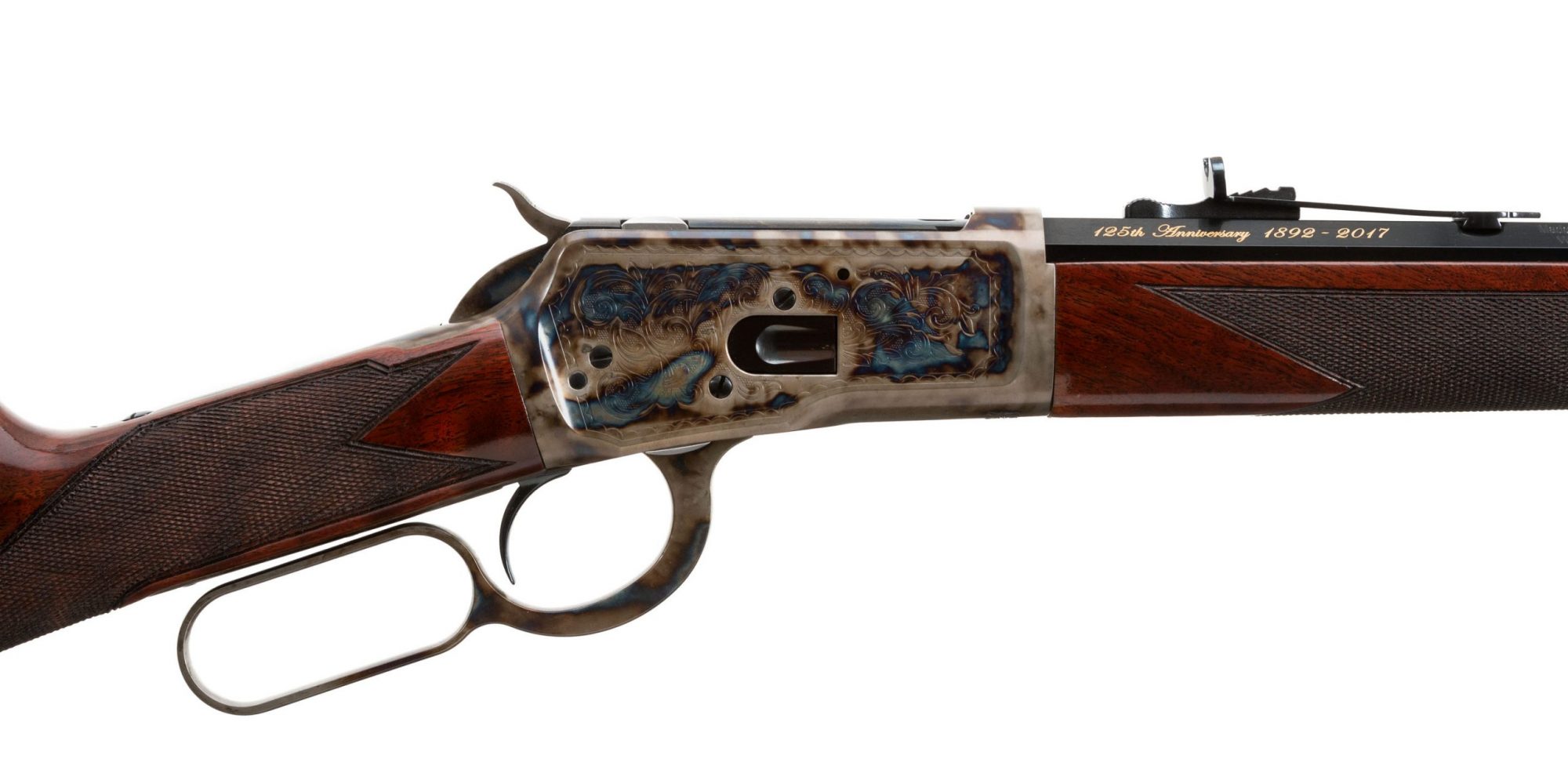 Photo of a new, color case hardened Winchester 1892 125th Anniversary rifle, featuring bone charcoal color case hardening by Turnbull Restoration of Bloomfield, NY
