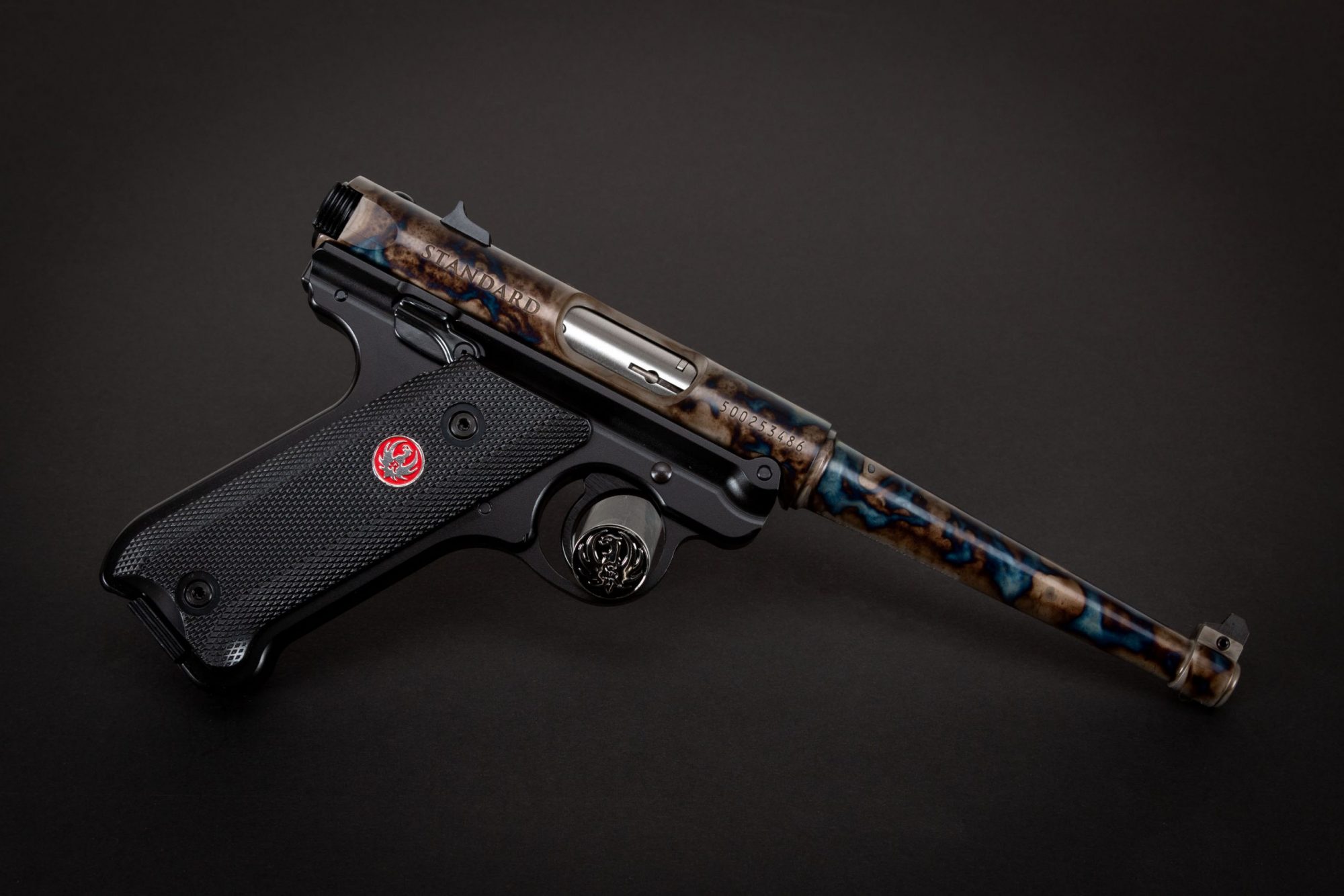 Photo of a color case hardened Ruger Mark IV Standard pistol, featuring bone charcoal color case hardening by Turnbull Restoration of Bloomfield, NY