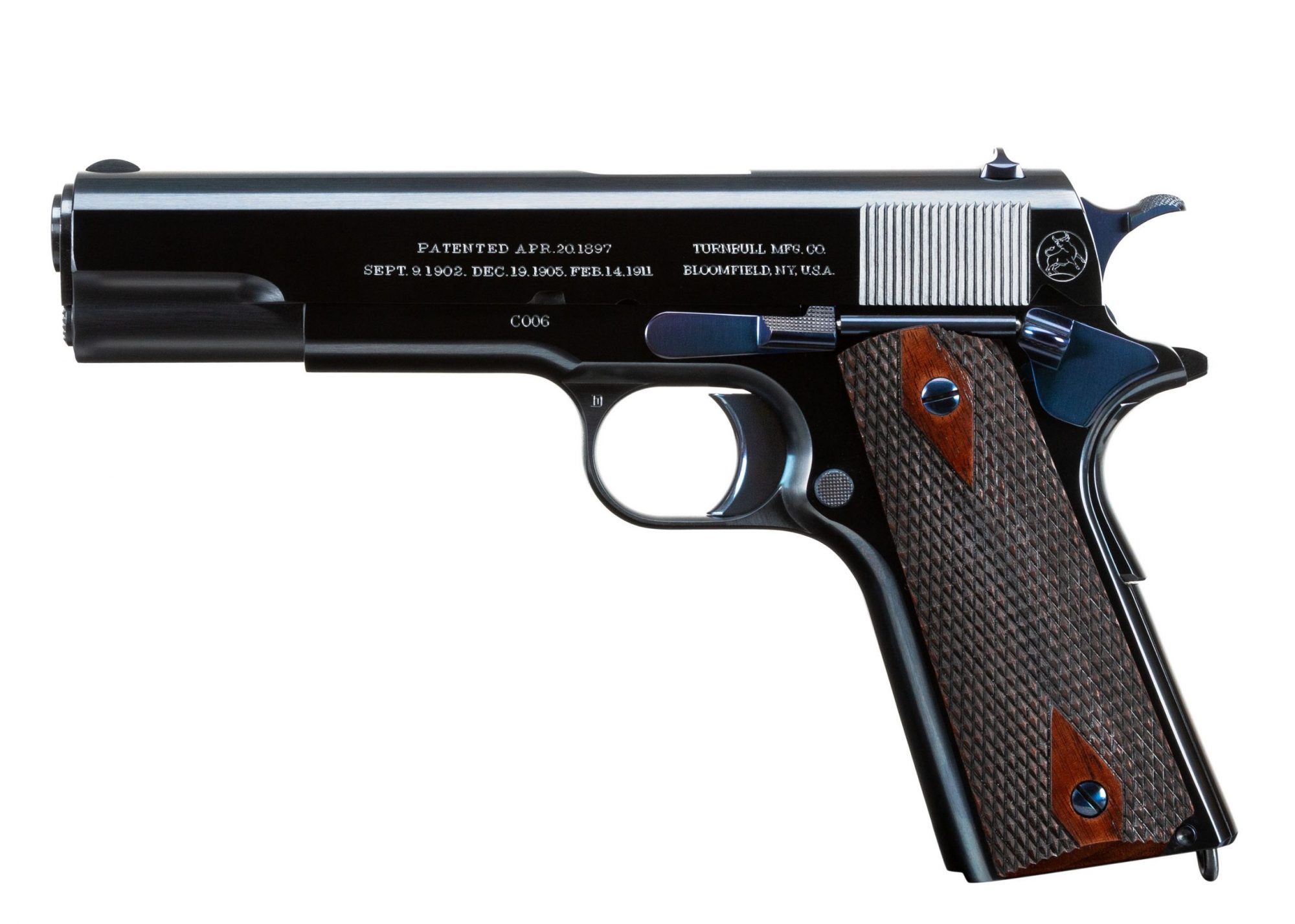 Photo of a Turnbull Commercial Model 1911, a 1912-era Model 1911 reproduction built by Turnbull Restoration the experts of classic Model 1911 restoration