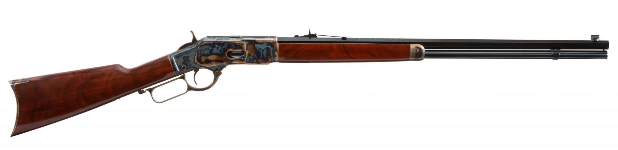 Photo of a new, color case hardened Winchester 1873 rifle, featuring bone charcoal color case hardening by Turnbull Restoration of Bloomfield, NY