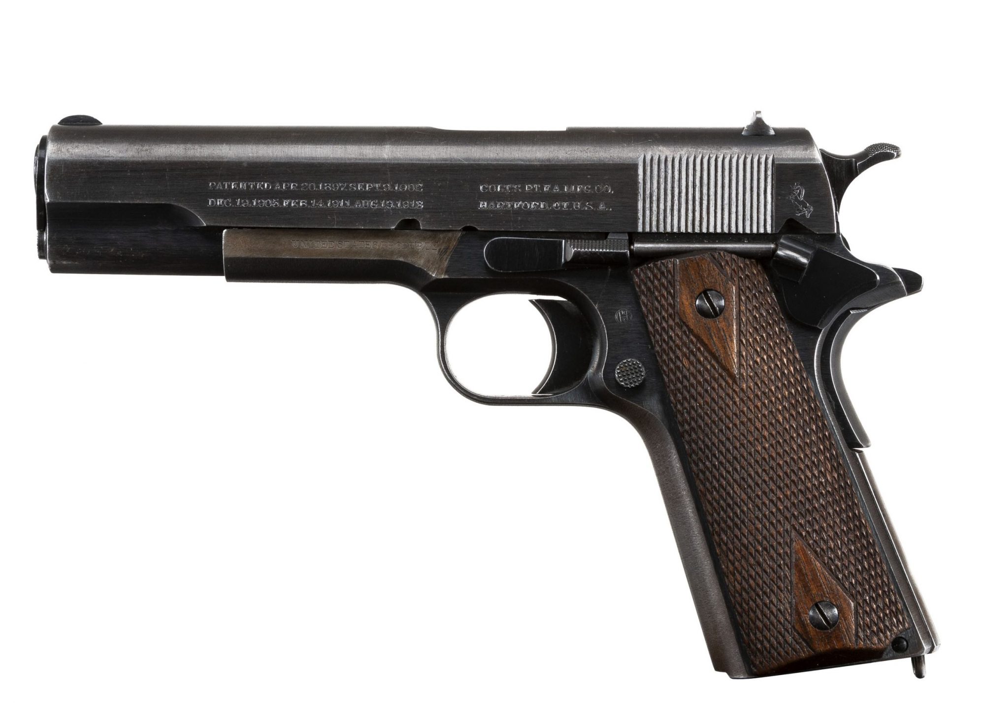Photo of a Colt Model 1911 from 1917 in original condition (with exception of newly-stamped "United States Property" on left of frame, for sale by Turnbull Restoration of Bloomfield, NY