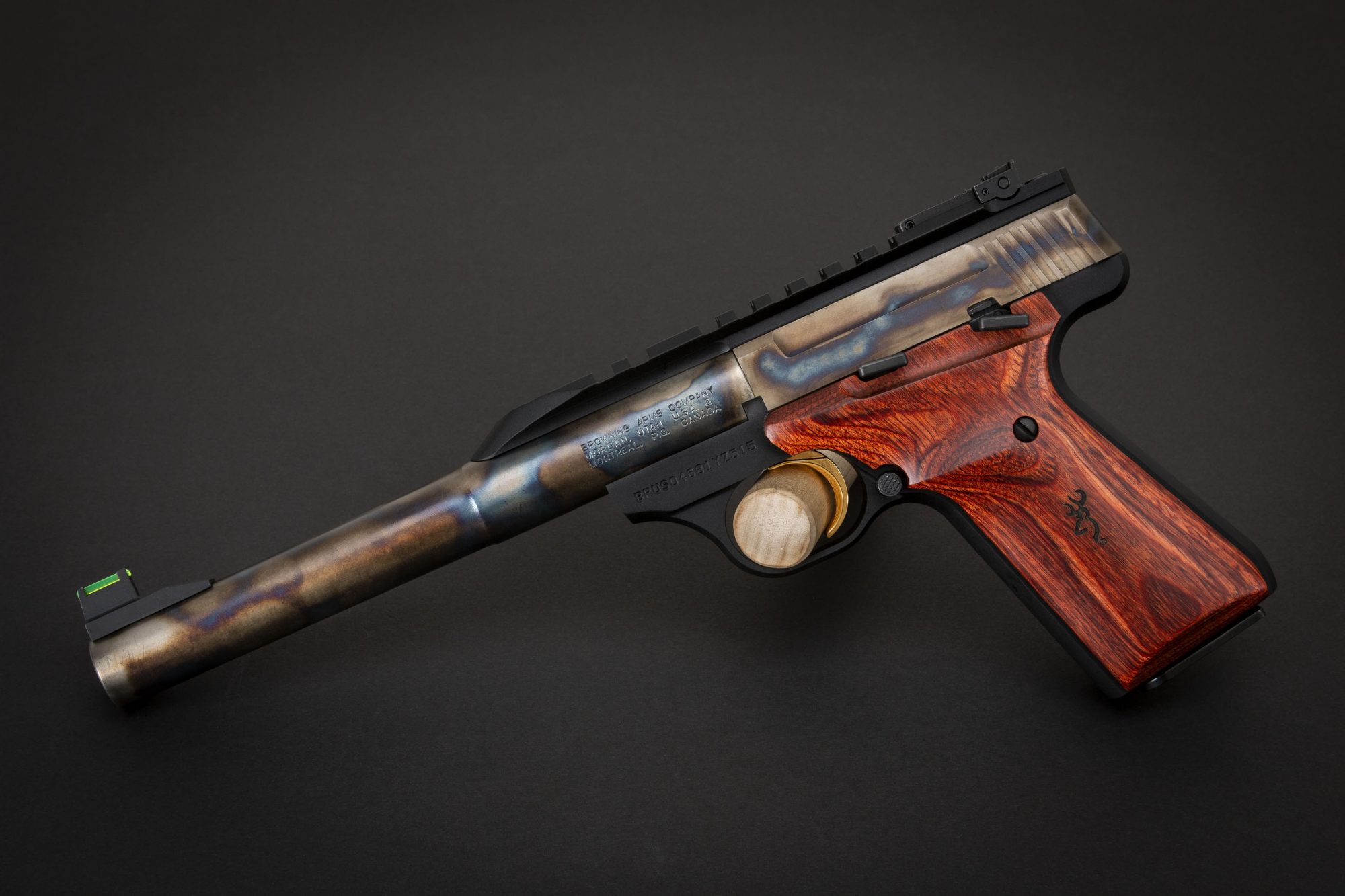 Photo of a color case hardened Browning Buck Mark Hunter pistol, featuring bone charcoal color case hardening by Turnbull Restoration of Bloomfield, NY