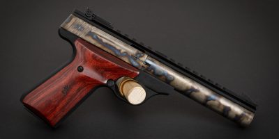 Photo of a color case hardened Browning Buck Mark Field Target pistol, featuring bone charcoal color case hardening by Turnbull Restoration of Bloomfield, NY